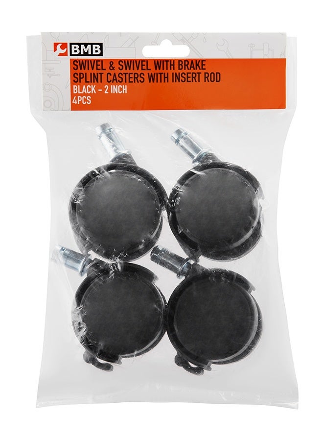 BMB tools 2inch 2-Piece Black Swivel & 2-Piece Swivel with Brake Splint Casters with 10x35mm Insert Rod - 25kg Capacity (100kg Total) Non-Marking Nylon Wheels for Office Chairs, Cabinets, Storage, Racks - Image 1